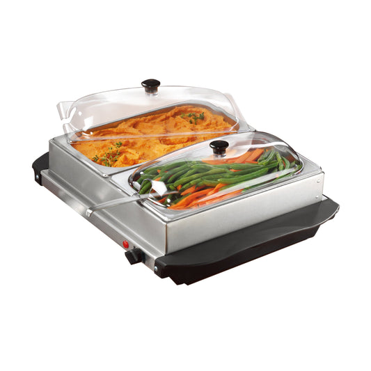 Brentwood 3 Quart 2 Pan Buffet Server and Warming Tray in Brushed Stainless Steel