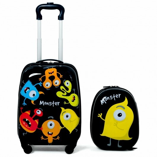 2 Pieces Kids Luggage Set 12 Inch Backpack and 16 Inch Rolling Suitcase - Color: Black
