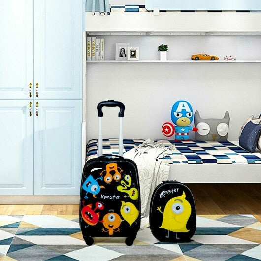 2 Pieces Kids Luggage Set 12 Inch Backpack and 16 Inch Rolling Suitcase - Color: Black