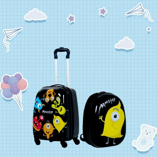 2 Pieces Kids Luggage Set 12 Inch Backpack and 16 Inch Rolling Suitcase - Color: Black