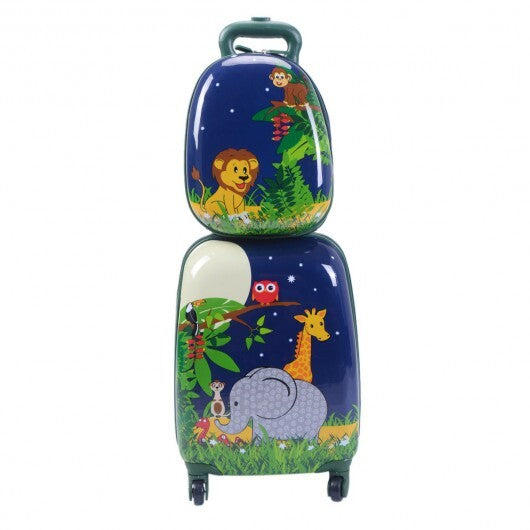 2 Pieces 12 Inch and 16 Inch Kids Carry on Suitcase Rolling Backpack School Luggage Set-Elephant - Color: Dark Blue