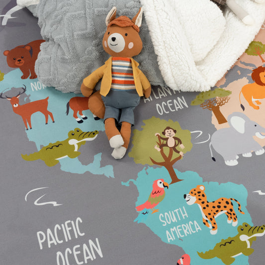 Play Mat Lilo Educational Kids Rug with World Map & Animals in Grey