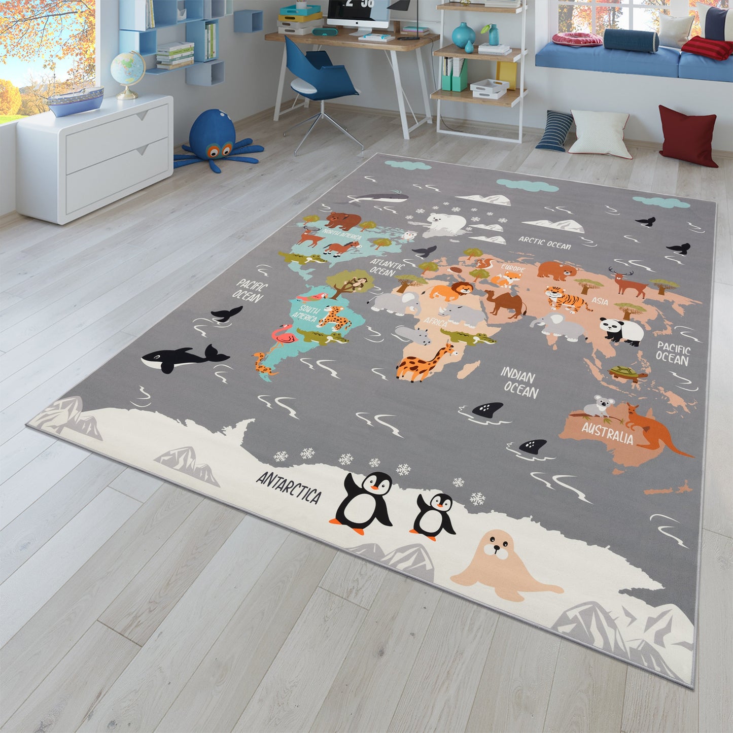 Play Mat Lilo Educational Kids Rug with World Map & Animals in Grey