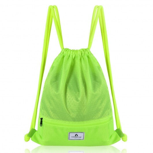 Drawstring Backpack String Bag Foldable Sports Sack with Zipper Pocket-Green - Color: Green
