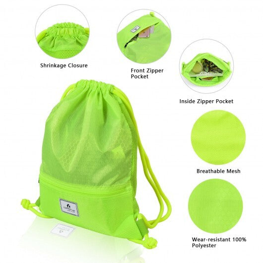 Drawstring Backpack String Bag Foldable Sports Sack with Zipper Pocket-Green - Color: Green