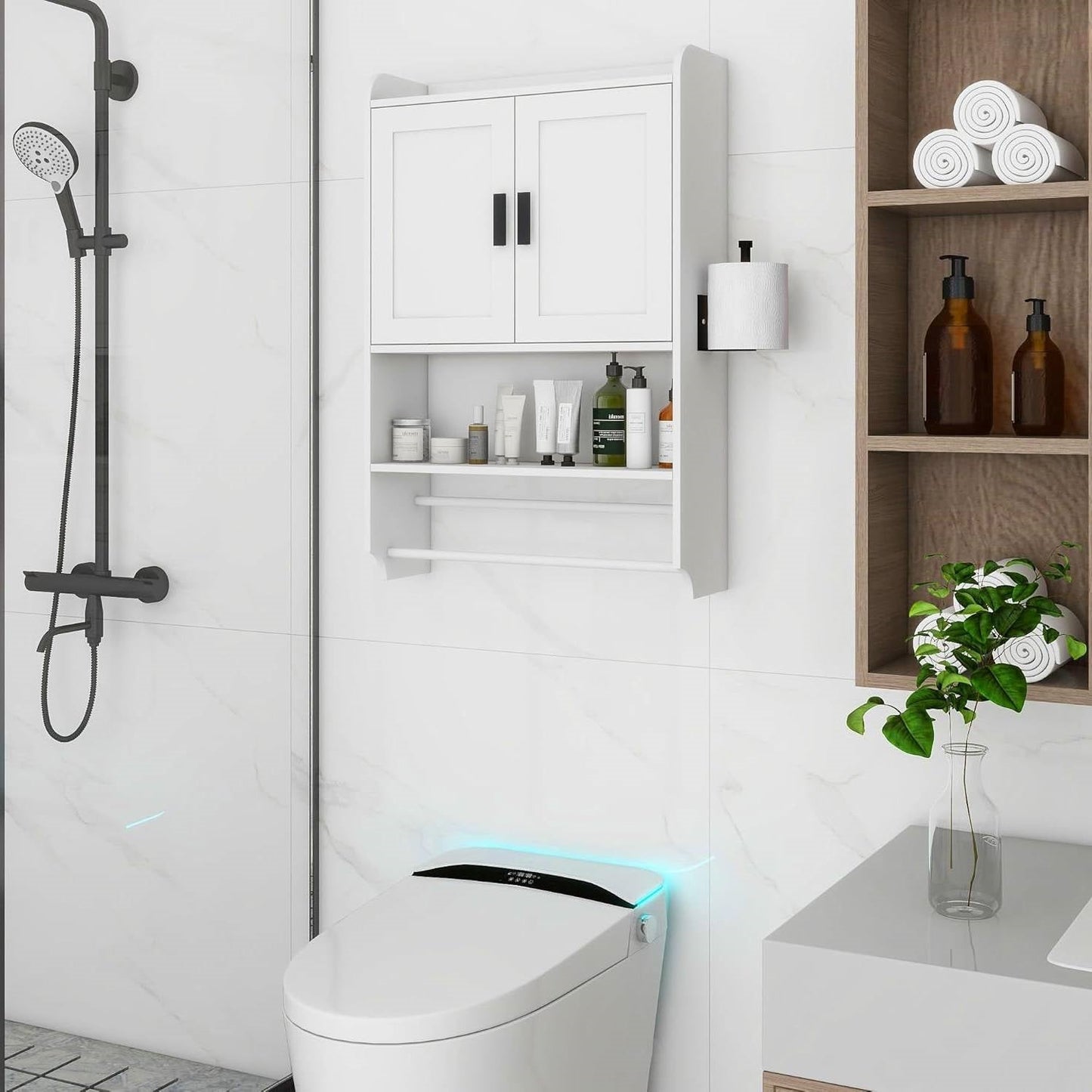 White Bathroom Wall Cabinet with Towel Bar and Storage Shelf