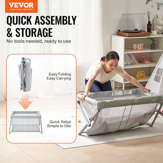 Baby Travel Crib and Play Yard, Folding Baby Playpen with Soft Mattress Pad, Portable Toddlers Crib with Breathable Mesh and Travel Bag, Indoor/Outdoor Kid Activity Center for 0-36 Months Babies