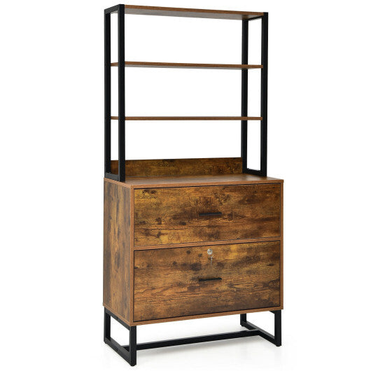 Letter Size Lateral File Cabinet with Lock and Bookshelf-Rustic Brown - Color: Rustic Brown
