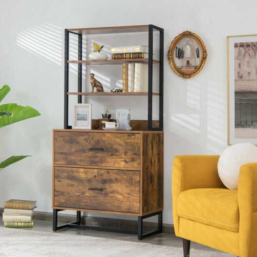 Letter Size Lateral File Cabinet with Lock and Bookshelf-Rustic Brown - Color: Rustic Brown