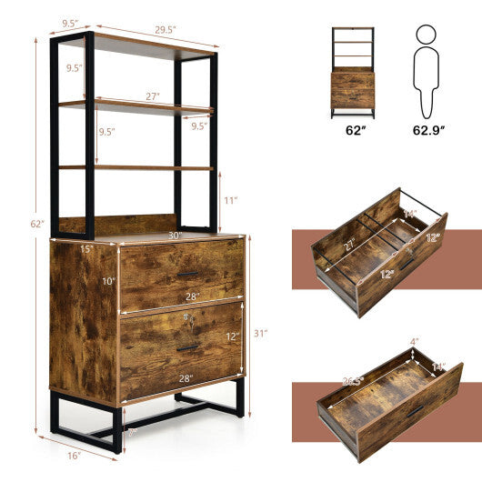 Letter Size Lateral File Cabinet with Lock and Bookshelf-Rustic Brown - Color: Rustic Brown