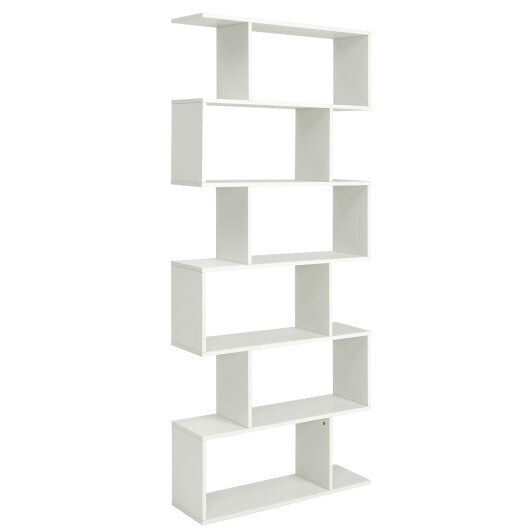 6 Tier S-Shaped Bookshelf Storage Display Bookcase Decor Z-Shelf -Black