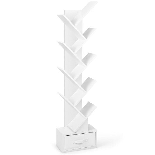 10-Tier Bookshelf with Drawer Free-standing Storage Bookcase-White - Color: White