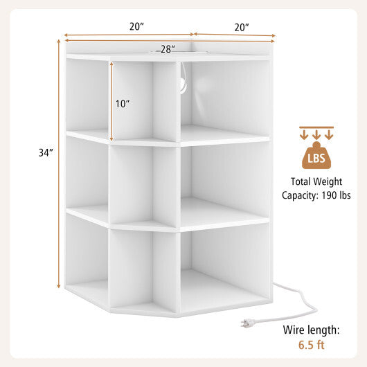 3-Tier Corner Cabinet with Charging Station for Bedroom-Natural