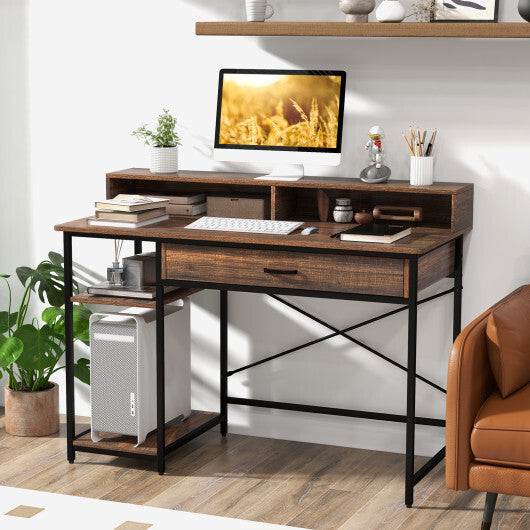 48 Inch Computer Desk with Monitor Stand Drawer and Shelves-Rustic Brown