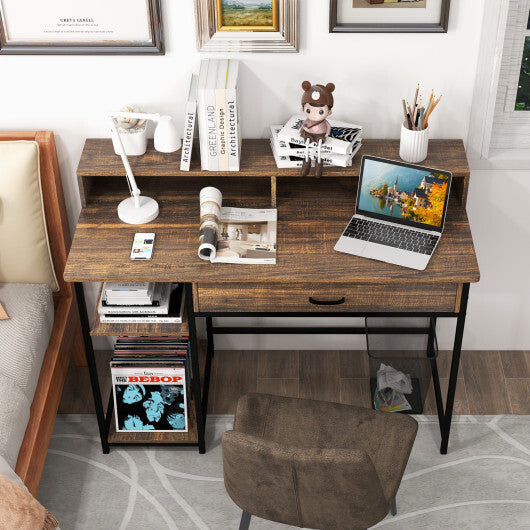 48 Inch Computer Desk with Monitor Stand Drawer and Shelves-Rustic Brown