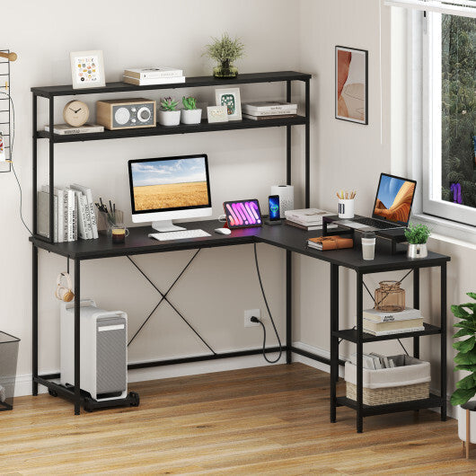 L-Shaped Reversible Gaming Desk with LED Strip and Power Outlets Hutch Monitor Stand-Rustic Brown