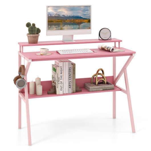 Space Saving Computer Desk with Monitor Stand and Extra Storage Shelf for Work Study-Black