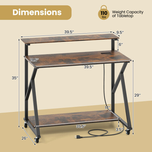Rolling Computer Desk with Charging Station and Monitor Shelf Storage for Home Office-Rustic Brown