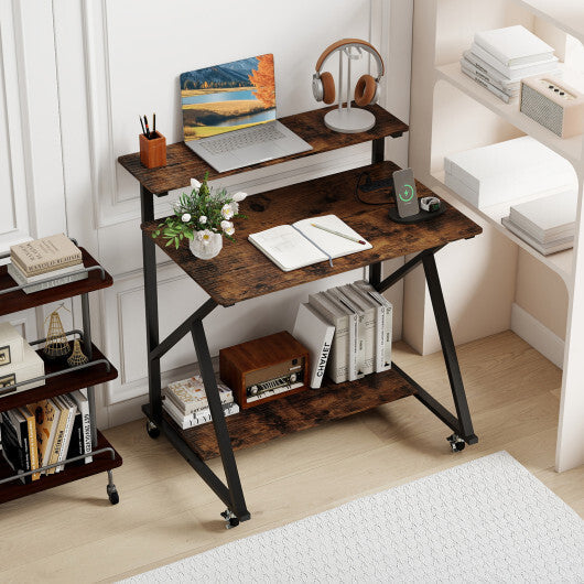 32 Inch Rolling Computer Desk for Small Spaces with Power Outlets-Black