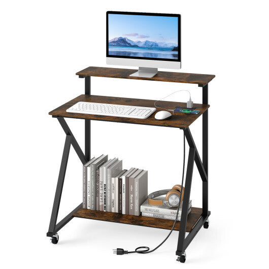32 Inch Rolling Computer Desk for Small Spaces with Power Outlets-Black