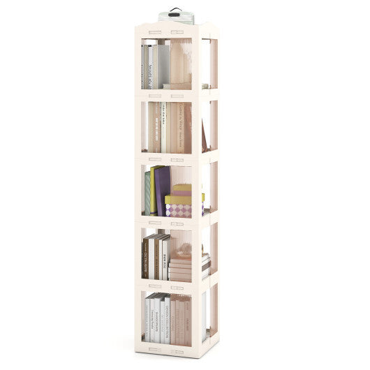 5-Tier Foldable Rotating Bookshelf 360? Spinning Bookcase with Swivel Base-White