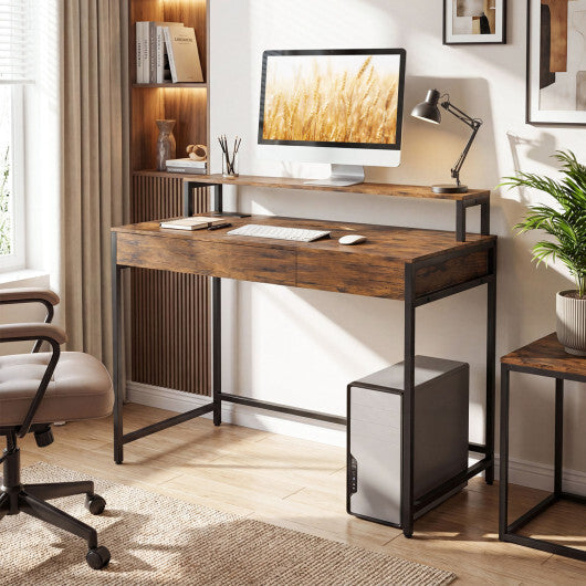 Compact Office Desk with Removable Monitor Shelf and Dual-use Drawer-White