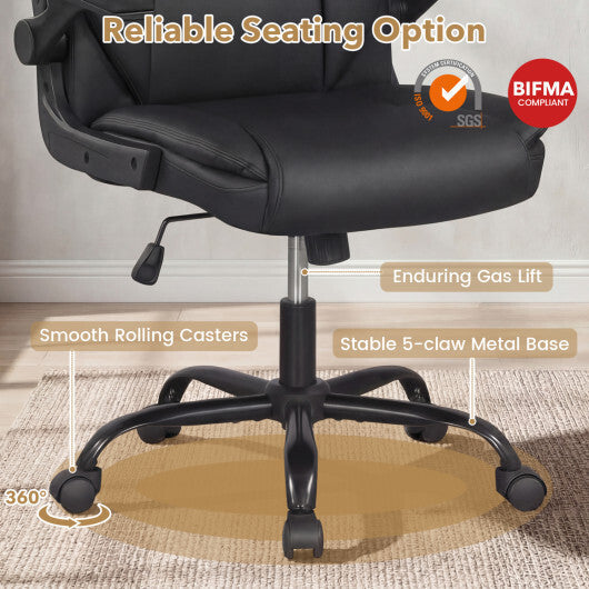 Ergonomic Leather Office Chair with Flip-up Armrests and Rocking Function-Black
