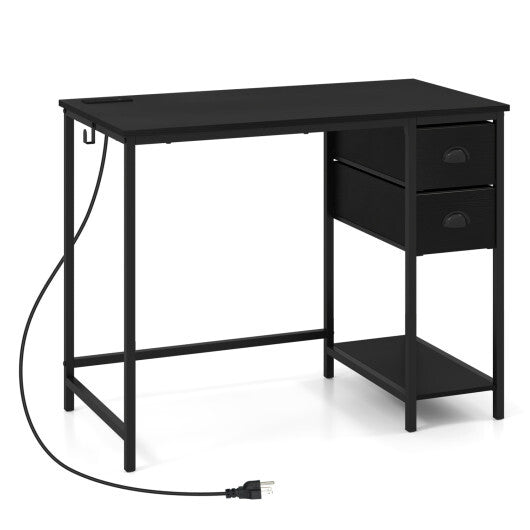 Computer Desk with Charging Station and 2 Fabric Drawers for Small Spaces-Rustic Brown