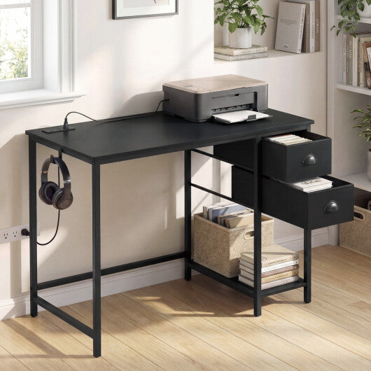 Computer Desk with Charging Station and 2 Fabric Drawers for Small Spaces-Rustic Brown