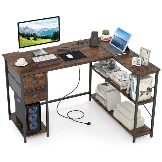 L Shaped Desk with Charging Station Corner Computer Desk with 2 Fabric Drawers-Rustic Brown