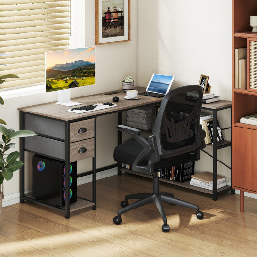 L Shaped Desk with Charging Station Corner Computer Desk with 2 Fabric Drawers-Rustic Brown