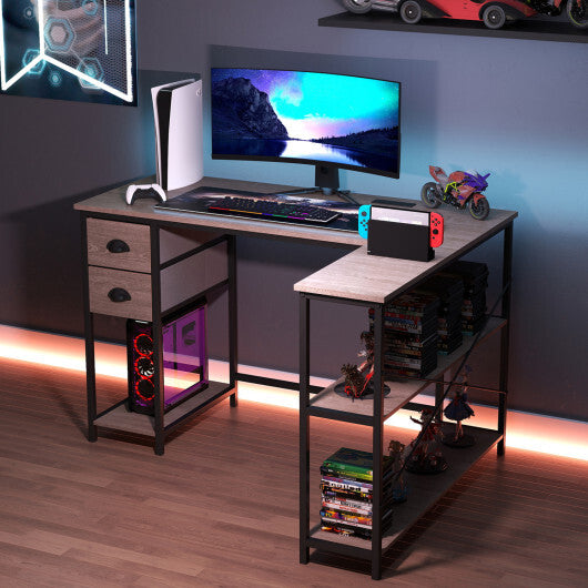 L Shaped Desk with Charging Station Corner Computer Desk with 2 Fabric Drawers-Rustic Brown
