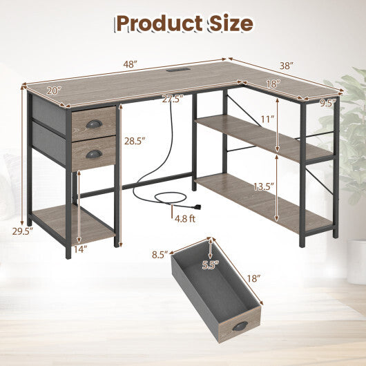 L Shaped Desk with Charging Station Corner Computer Desk with 2 Fabric Drawers-Rustic Brown