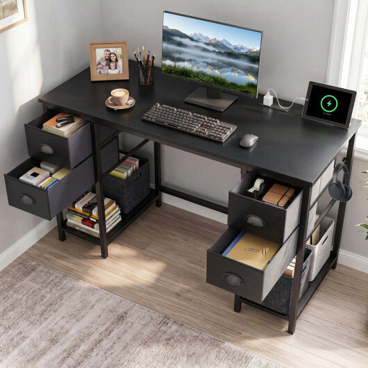 48 Inches Computer Desk with Power Outlet Home Office Desk with 4 Fabric Drawers-Brown