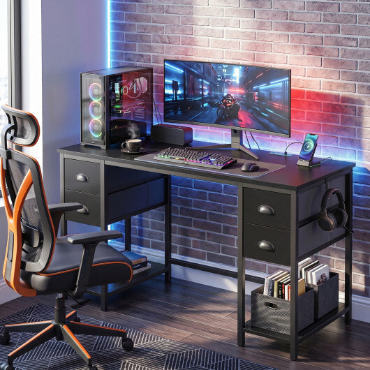 48 Inches Computer Desk with Power Outlet Home Office Desk with 4 Fabric Drawers-Brown