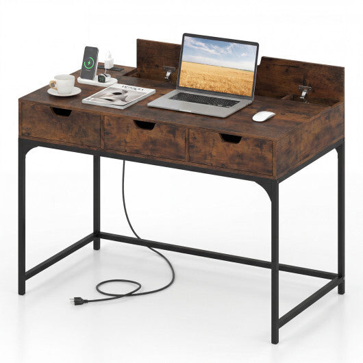 Office Desk with Power Outlets and Hidden Compartment for Study-White