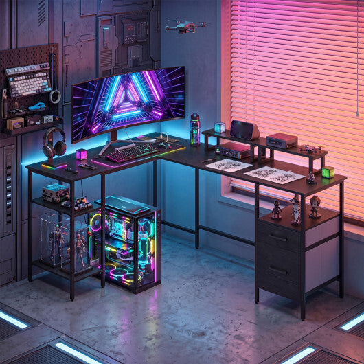 L Shaped Desk with Power Outlet Reversible Computer Desk with Monitor Stands-Black