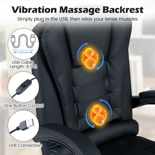 Massage Office Chair with Footrest & Reclining Backrest and Swivel Seat-Black