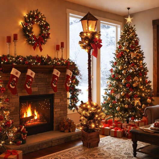 6.1 Feet Christmas Pre-lit Street Lamp with Artificial Greenery and Snow-flocked Branch Tips-Bright White