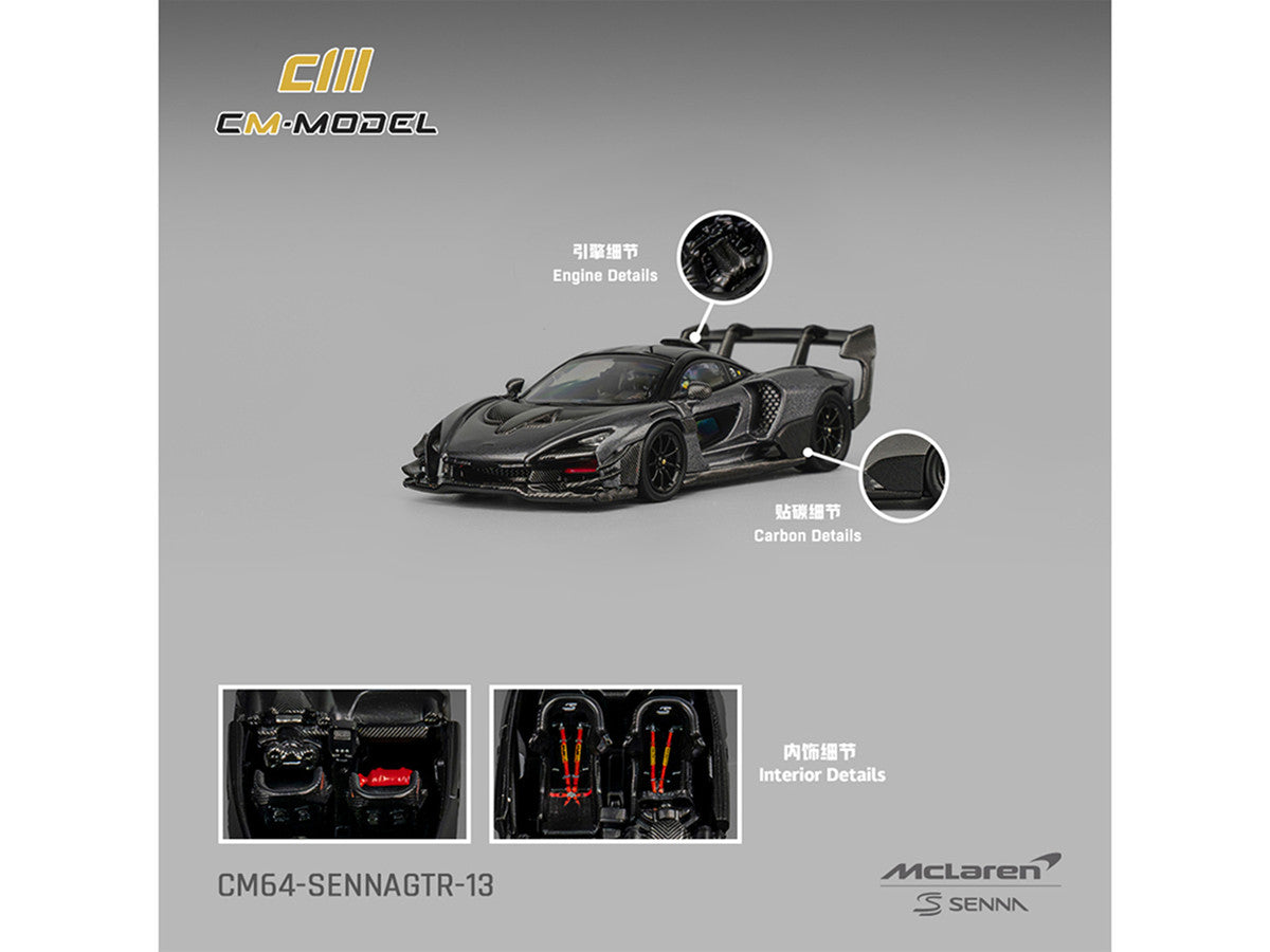 McLaren Senna GTR Dark Gray Metallic with Carbon Hood and Black Top 1/64 Diecast Model Car by CM Model
