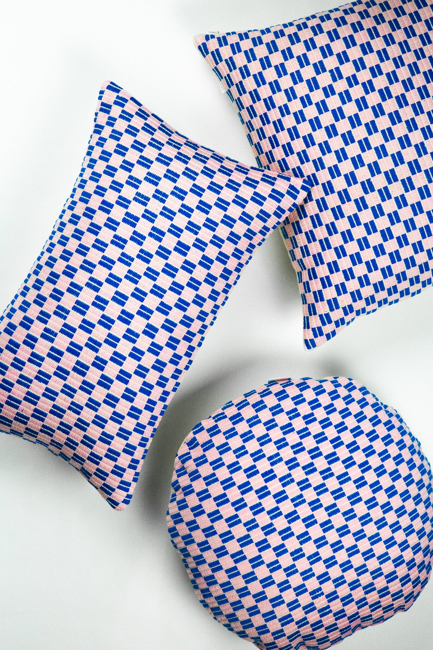 Checkered Brocade Pillow - Pink & Blue  - Square
