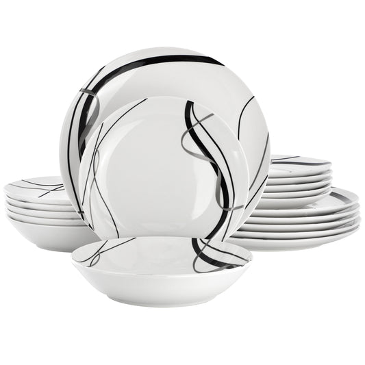 Elama Sarah 18 Piece Porcelain Black Ribbon Dinnerware Set, Service for 6 in White and Black