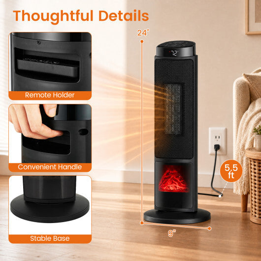 24 inch 1500W PTC Ceramic Tower Space Heater with 7-Color Flame-Black