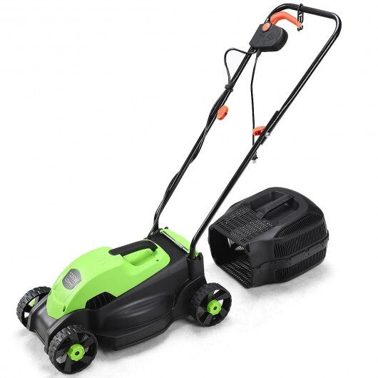 13 Inch Electric Push Lawn Corded Mower with Grass Bag-Green