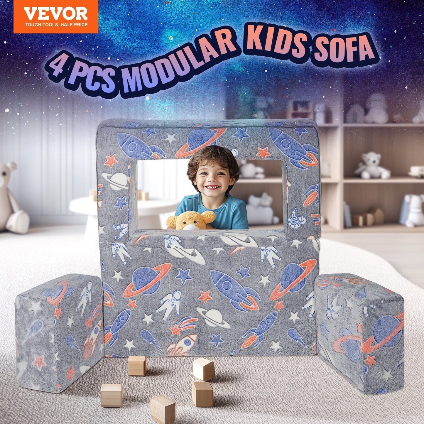 Kids Couch, 4Pcs Toddler Couch Sofa Bed, Kids Chair Seat Playroom Furniture, Child Sectional Sofa with Removable Cover for Kids Girls & Boys, Dark Grey