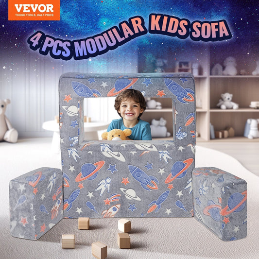 Kids Couch, 4Pcs Toddler Couch Sofa Bed, Kids Chair Seat Playroom Furniture, Child Sectional Sofa with Removable Cover for Kids Girls & Boys, Dark Grey