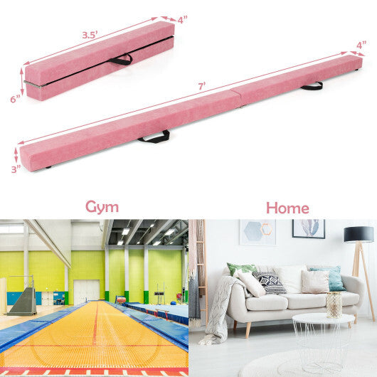 7 Feet Folding Portable Floor Balance Beam with Handles for Gymnasts-Pink - Color: Pink