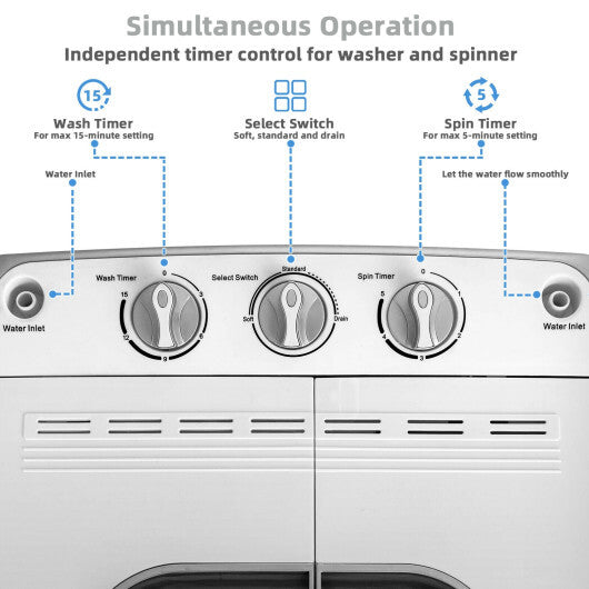 8 Lbs Compact Mini Twin Tub Washing Spiner Machine for Home and Apartment