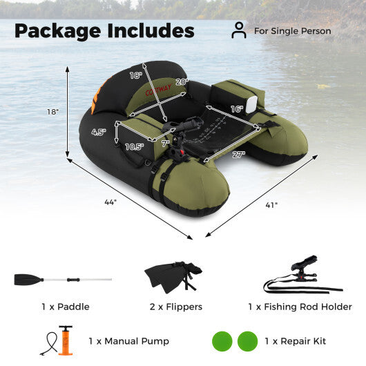 Inflatable Float Tube with Adjustable Fishing Rod Holder and Fish Hook Stator-Green