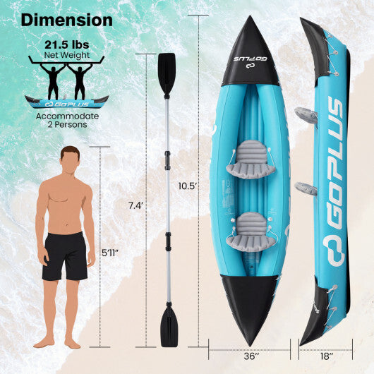Inflatable Kayak 2 Person Heavy Duty Tandem Touring Kayak with Aluminum Paddles-Blue